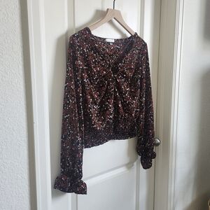 Floral Blouse with Ruffle Cuffs and Criss-Cross Neckline